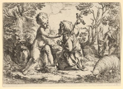 Young Saint John the Baptist kneeling before the infant Christ who caresses his face, the Virgin and Joseph in the background at right MET DP837839