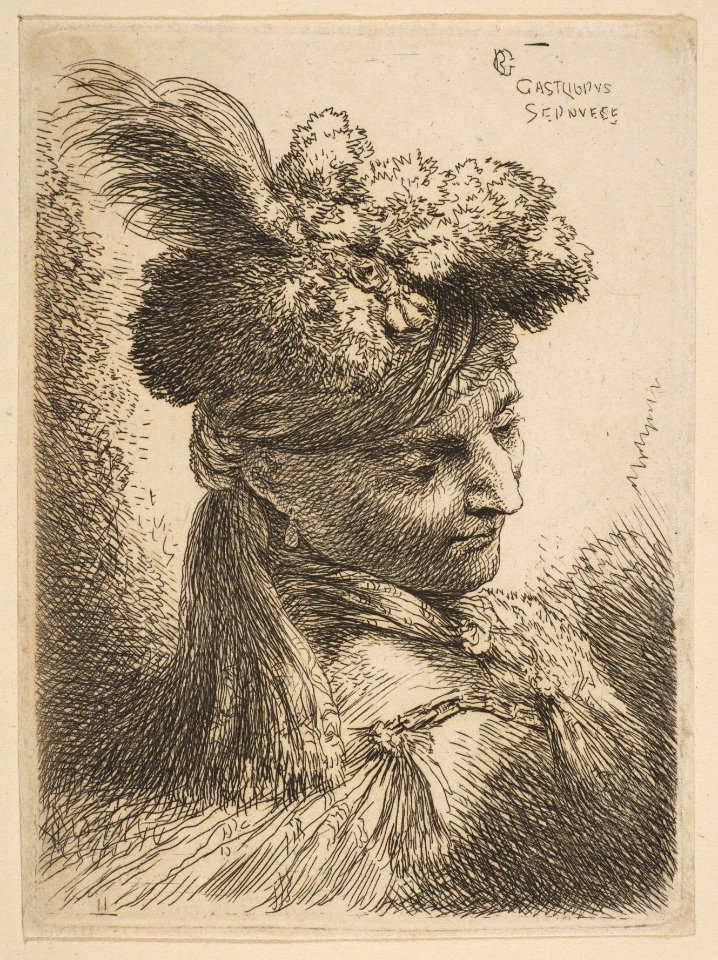 Young Man Facing Three Quarters Right Wearing a Fur Headdress With a Plume, Jewel and a Headband MET DP816500