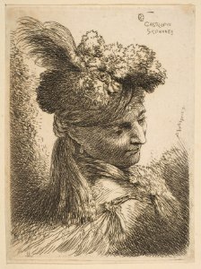 Young Man Facing Three Quarters Right Wearing a Fur Headdress With a Plume, Jewel and a Headband MET DP816500