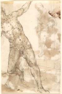 Young Man Approaching Old Bearded Man Who Stands on Steps (recto); Male Nude with Bent Right Knee (verso) MET DP800392