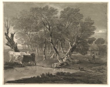 Wooded Landscape with Cows beside a Pool, Figures and Cottage MET DP819246