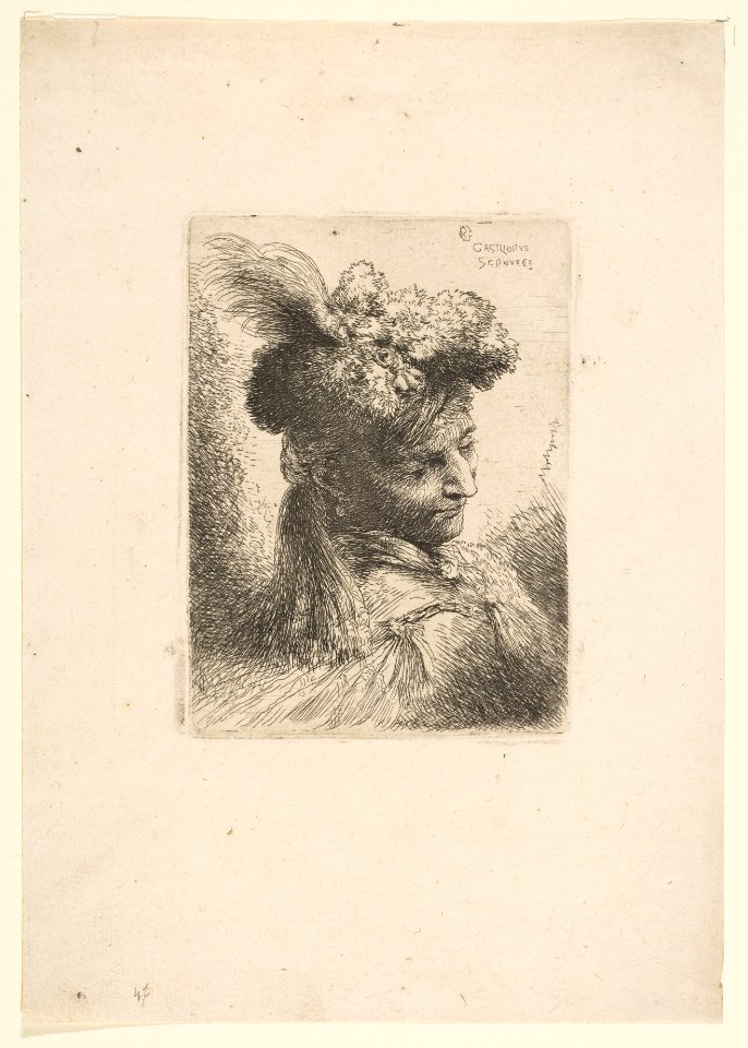 Young Man Facing Three Quaters Right Wearing a Fur Headdress With a Plume, Jewel and a Headband MET DP816401