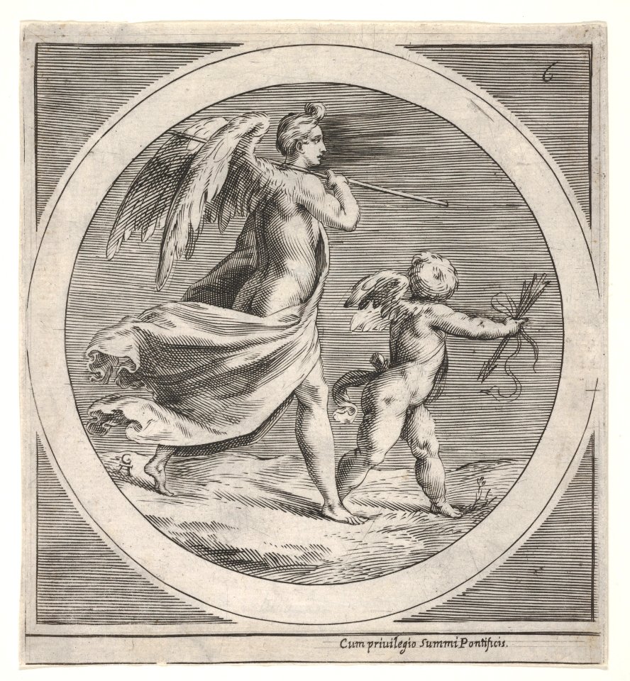 Winged female figure, draped and carrying a staff, striding behind a winged putto, who twists to look over his left shoulder, a round composition MET DP832088