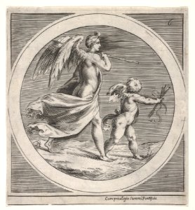 Winged female figure, draped and carrying a staff, striding behind a winged putto, who twists to look over his left shoulder, a round composition MET DP832088