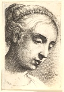 Woman with string of pearls in her hair looking downwards to right MET DP823782