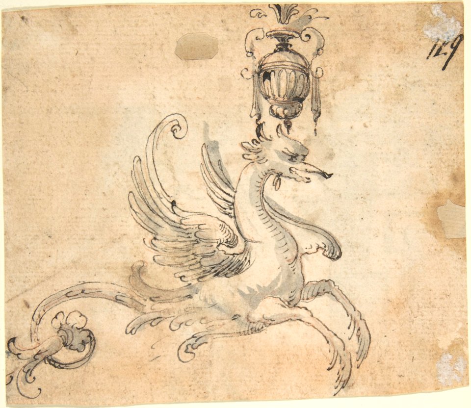 Winged Hippocamp supporting a Vase (recto); Figure Studies and Architectural Design (verso) MET DP801984