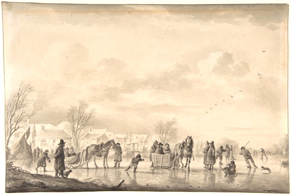 Winter Landscape with Skaters and Horse-Drawn Sledges on the Ice, a Village Below MET DP800700