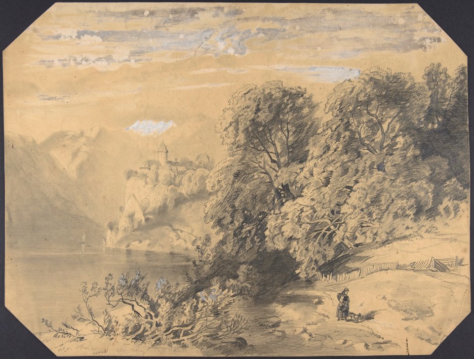 Woman with a dog by a mountain lake MET DP803719