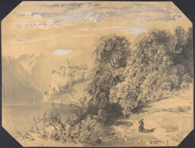 Woman with a dog by a mountain lake MET DP803719