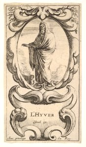 Winter, an old man wrapped in a cloak, warming his hands over a fire on the ground to left, within a cartouche decorated with bare tree limbs, from 'The four Seasons' (Les quatre Saisons) MET DP833155