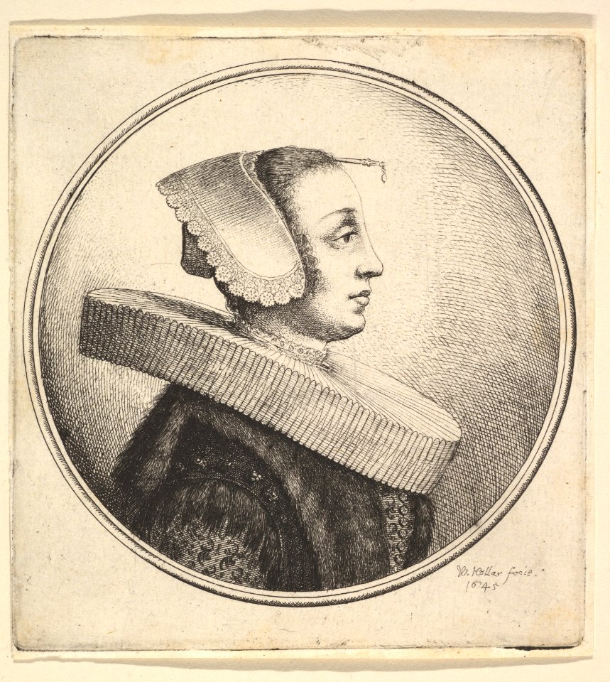 Woman with circular ruff, bonnet and hair-pin, in profile to right MET DP823889