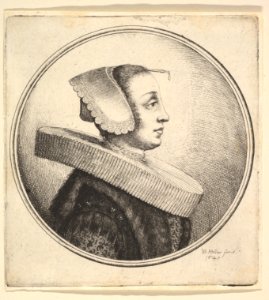 Woman with circular ruff, bonnet and hair-pin, in profile to right MET DP823889