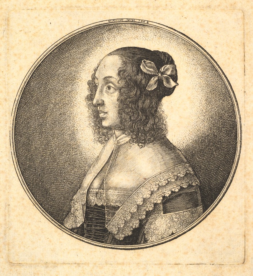 Woman with dark hair and a bow in profile to the left MET DP823756