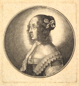 Woman with dark hair and a bow in profile to the left MET DP823756