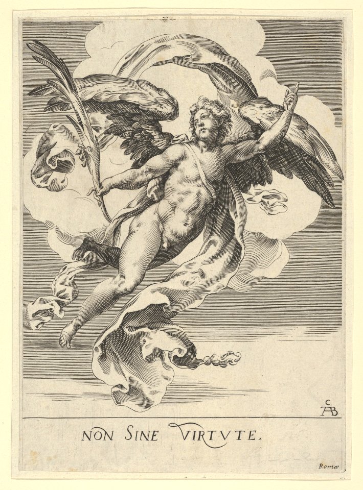 Winged angel holding a palm in his right hand and with drapery behind him MET DP836893