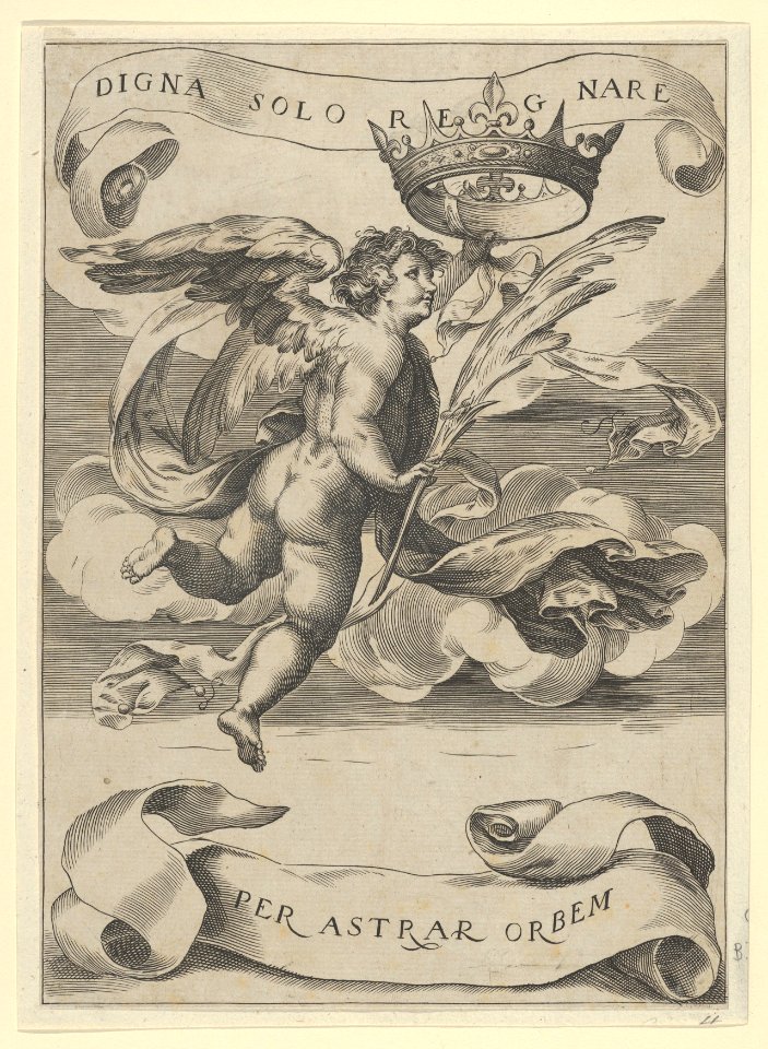 Winged genius holding the Crown of Tuscany in his left hand and a palm in his right MET DP836896