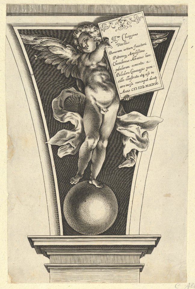 Winged putto holding a dedicatory plaque standing on an orb in an architectural detail MET DP836936