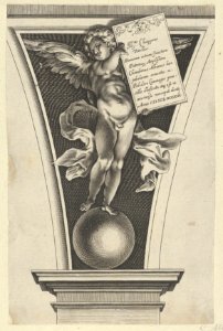 Winged putto holding a dedicatory plaque standing on an orb in an architectural detail MET DP836936