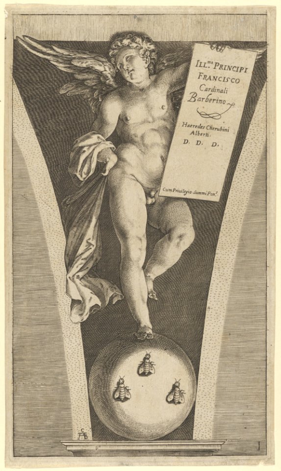 Winged genius holding a tableau, standing on a sphere with three bees MET DP836881