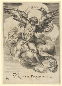 Winged genius seated on a cloud, sounding a trumpet with his left hand extended upwards MET DP836891