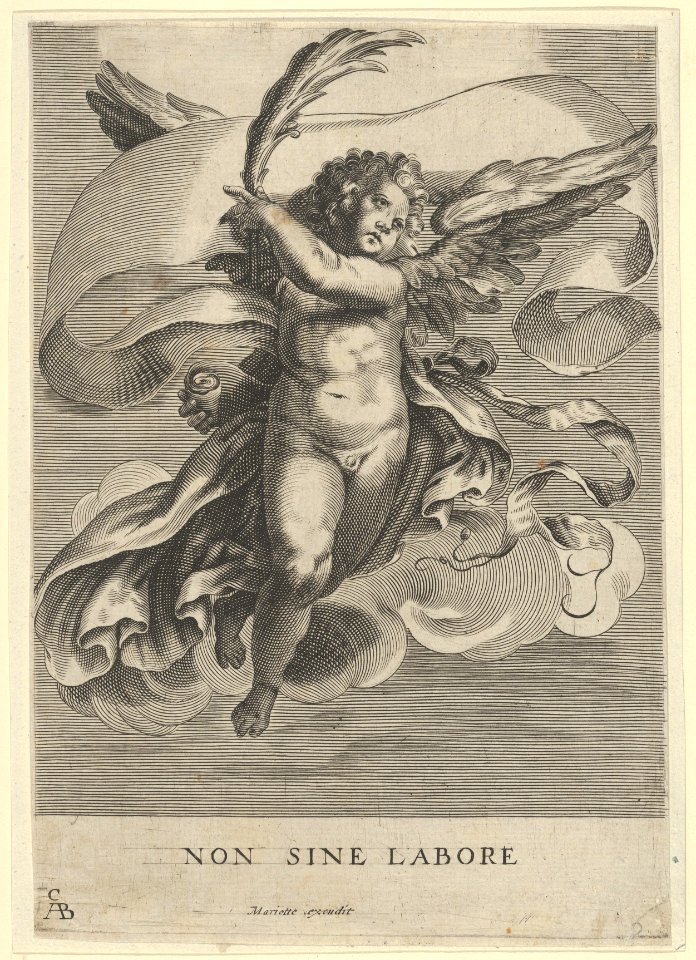 Winged genius holding a olive branch and a banderole MET DP836892