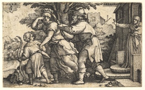 Abraham sending away Hagar and Ishmael- Abraham holds forth a vessel as Hagar and Ishmael stride before him, from the series 'The Story of Abraham' MET DP828532