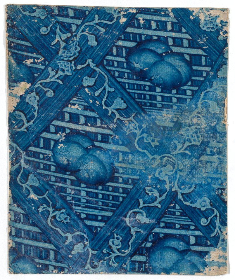 Blue paste paper with striped and floral pattern Met DP887035