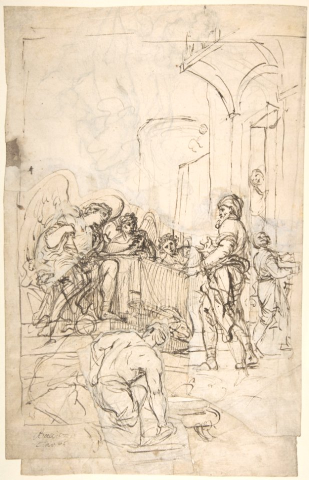 Abraham Entertaining the Three Angels (Genesis 18-1-15) (recto); A Couple Embracing, and Other (verso) MET DP810434