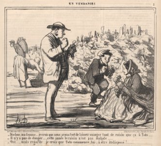 Dis-donc, ma femme.... je crois que nous avons tort de laisser manger tant de raisin que ça à Toto ....., from En Vendanges, published in Le Charivari, September 21, 1859 MET DP876776