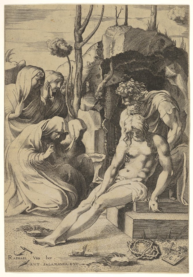 Entombment of Christ, whose chest is grasped by Joseph of Arimathea, with two kneeling and two standing female mourners at left and crown of thorns at bottom right MET DP832554