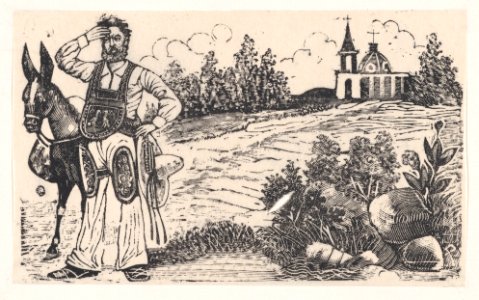 A drover and a mule standing on a road with a church in the background MET DP869387