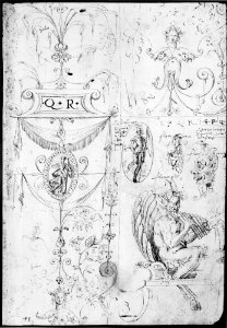 Grotesques Designs with Various Inscriptions (recto); Candelabra Grotesque and Two Putti Holding Flowers (verso) MET MM37934