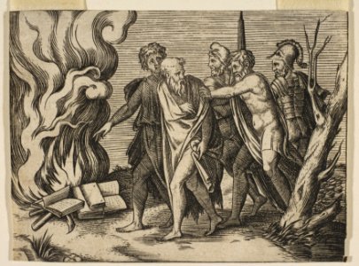 A group of men at right pushing philosophers toward a fire with burning books at the left MET DP818654