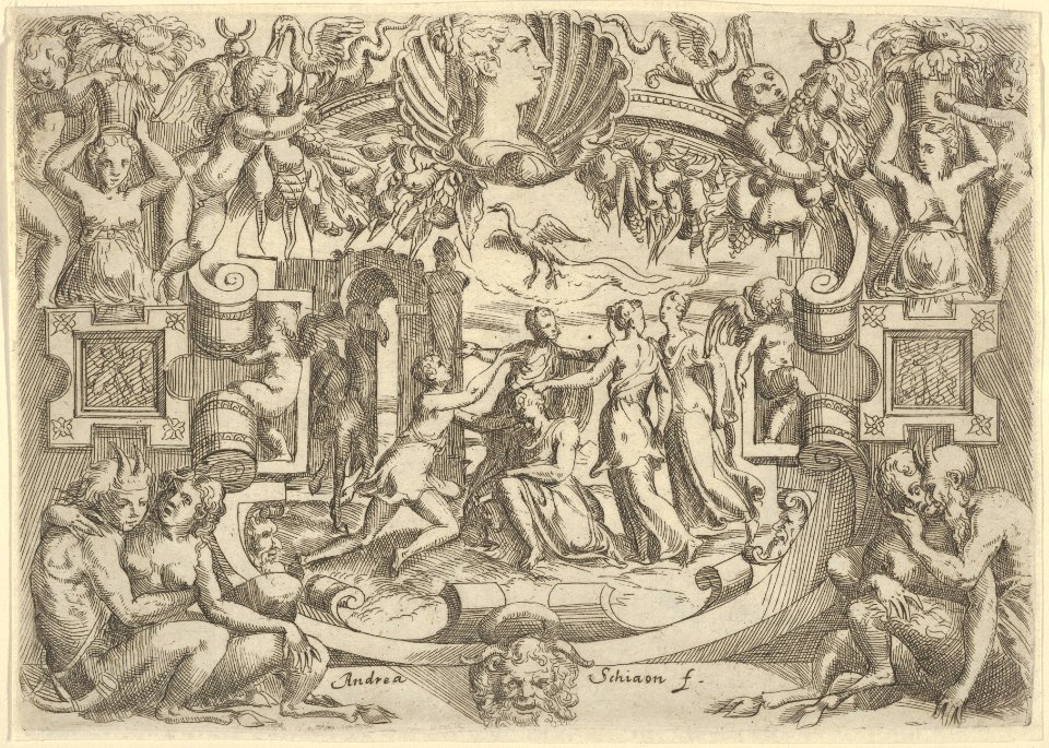 Four women surrounding a seated figure, a bird above them, set within an elaborate frame MET DP837631