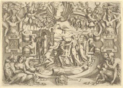 Four women surrounding a seated figure, a bird above them, set within an elaborate frame MET DP837631