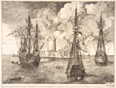 Four-master and Two Three-masters Anchored near a Fortified Island from The Sailing Vessels MET DP818244