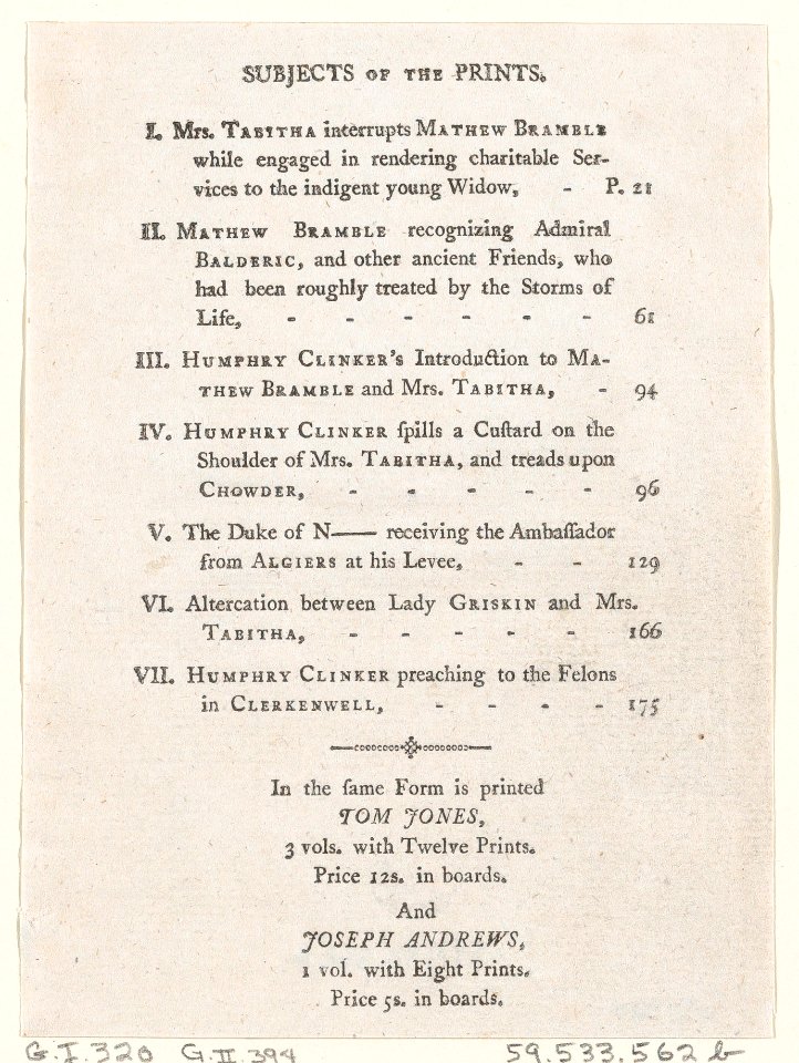 List of Plates I-VII, from Tobias Smollett's "The Expedition of Humphry Clinker" (London, 1793), Vol. 1 MET DP872112
