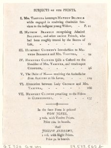 List of Plates I-VII, from Tobias Smollett's "The Expedition of Humphry Clinker" (London, 1793), Vol. 1 MET DP872112