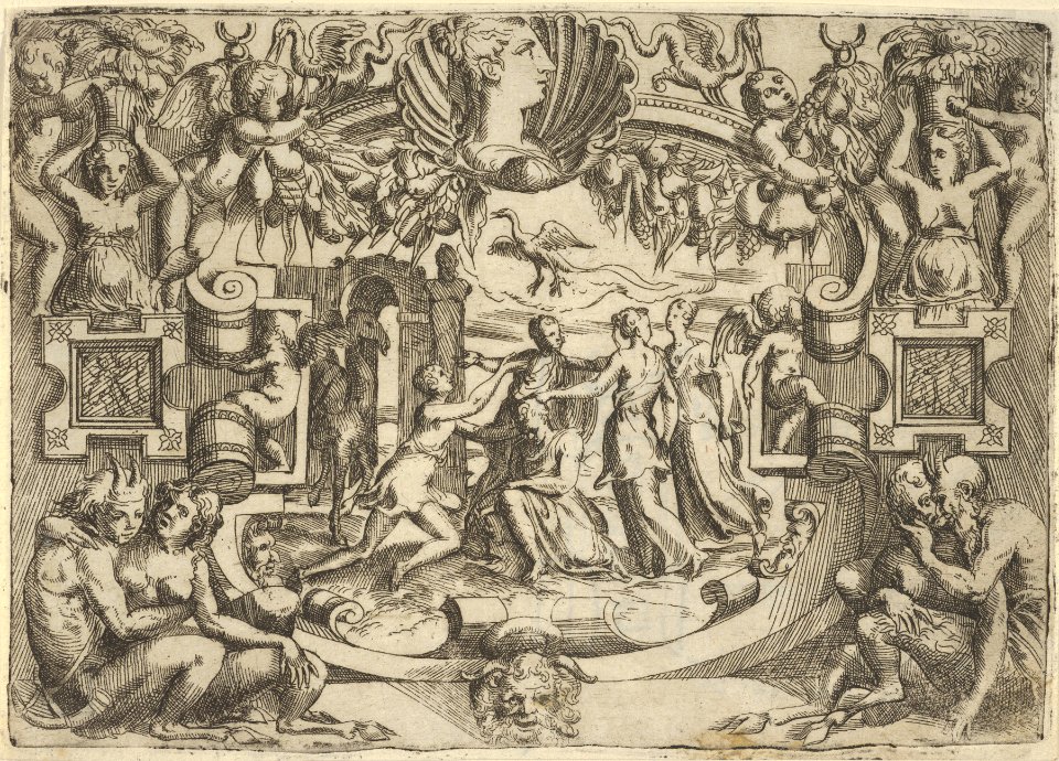 Four women surrounding a seated figure, a bird above them, set within an elaborate frame MET DP837630
