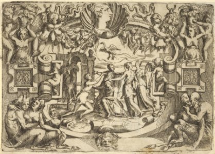 Four women surrounding a seated figure, a bird above them, set within an elaborate frame MET DP837630