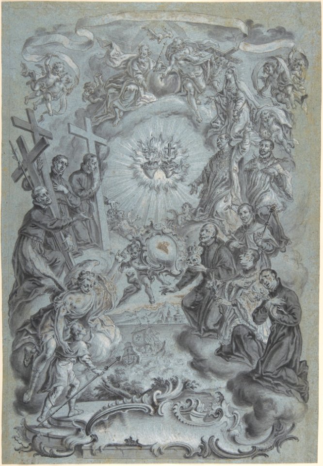A Study for a Frontispiece- The Trinity and Saints surrounding the Sacred Hearts of Christ and the Virgin Mary, a Coastal Landscape Below MET DP804375