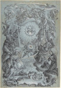 A Study for a Frontispiece- The Trinity and Saints surrounding the Sacred Hearts of Christ and the Virgin Mary, a Coastal Landscape Below MET DP804375
