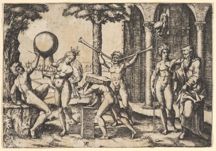 A man with two trumpets in the centre flanked by other figures including an old and a young man at right MET DP854393
