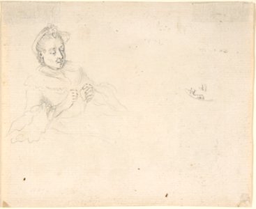 Four Ladies Sitting around a Table Occupied with Needlework, Reading, and Writing; verso- Study of a Woman with Needlework MET DP803707