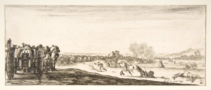 A procession of horse-drawn cannon carriages to left, horsemen in combat and a dead horse to right, battle on a bridge in center background, from 'Peace and War' (Divers desseins tant pour la paix que pour la guerre) MET DP817561