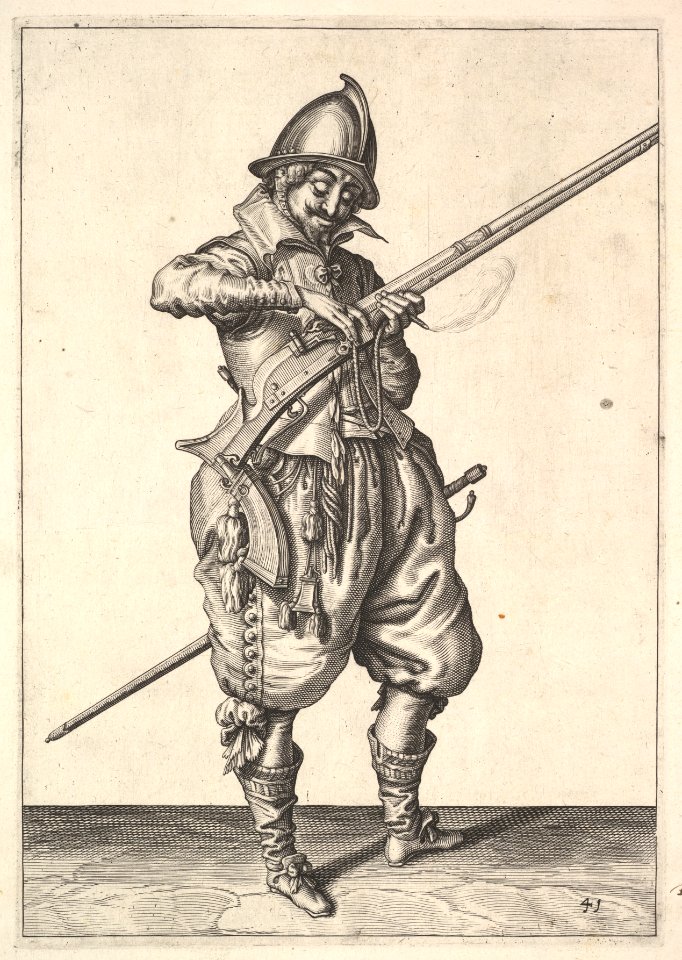 A soldier on guard shaping the match between his thumb and his forefinger, from the Marksmen series, plate 41, in Wapenhandelinghe van Roers Musquetten Ende Spiessen (The Exercise of Arms) MET DP828796