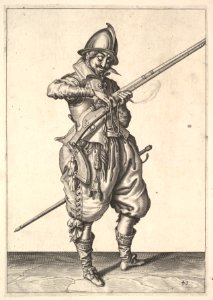 A soldier on guard shaping the match between his thumb and his forefinger, from the Marksmen series, plate 41, in Wapenhandelinghe van Roers Musquetten Ende Spiessen (The Exercise of Arms) MET DP828796