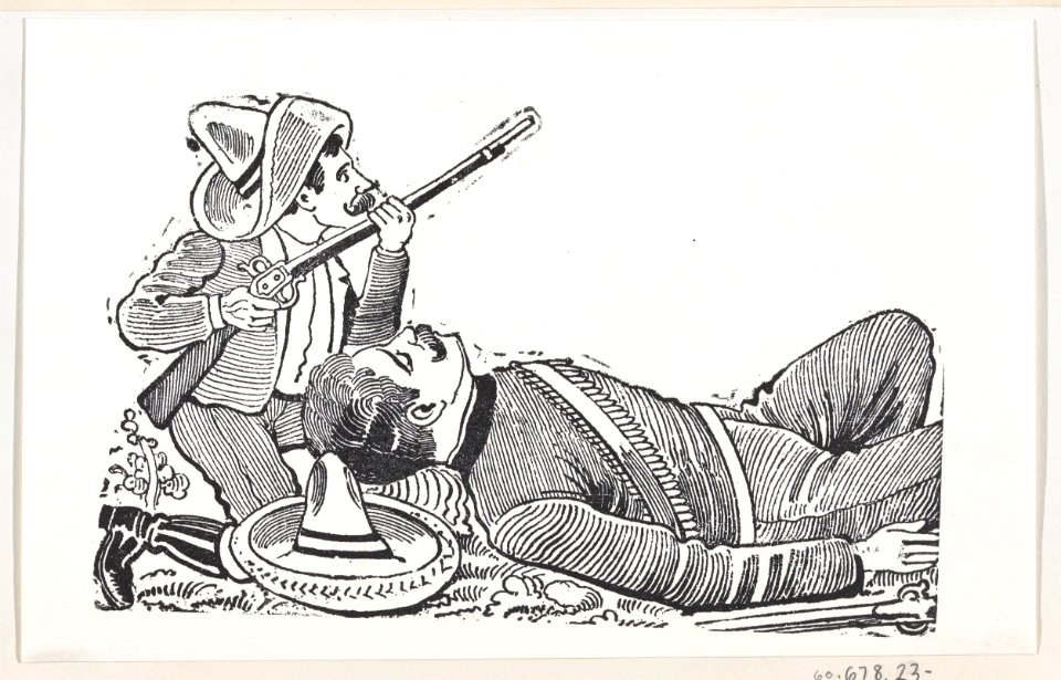 A revolutionary holding a rifle and kneeling to protect a fallen revolutionary MET DP869587