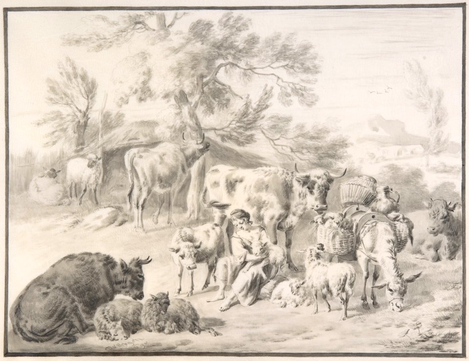 A Herdswoman Seated Amongst Her Animals, with a Lamb in Her Arms MET DP800100