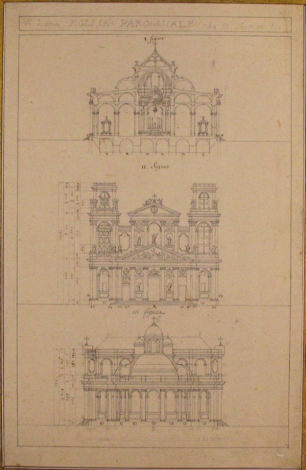 Drawing of Interior, Façade, and Rear of Church MET 64.530.4